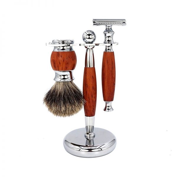 Sam Roca 3pc Shaving Razor Set w/ Pure Badger Hair Brush - Red Olive Wood and Aluminum