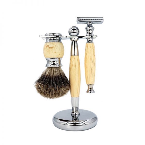 Sam Roca 3pc Shaving Razor Set w/ Pure Badger Hair Brush - White Olive Wood and Aluminum